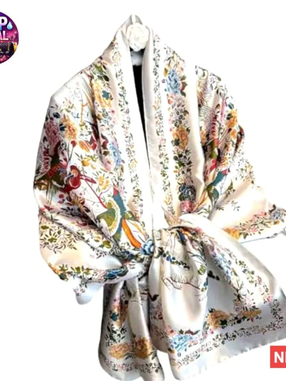 Polyester Silk Feeling Scarf Long Lightweight Shawl Floral Pattern